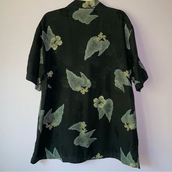 Vintage Firethorn L Black Silk Hawaiian Shirt Tropical Floral Button Up Collar - Picture 5 of 7